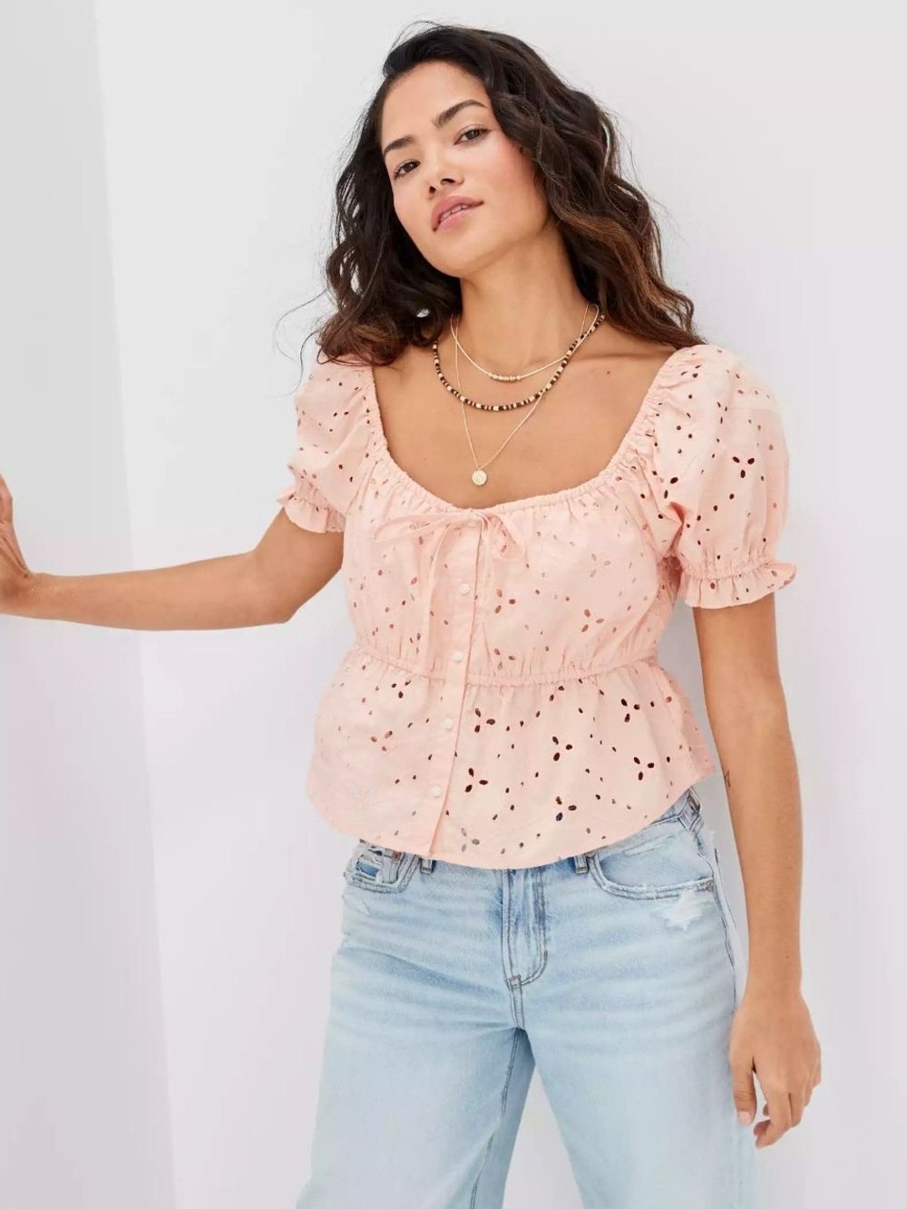 American Eagle Light Pastel Pink Puff Sleeve Babydoll Eyelet Lace Scoop Neckline - Picture 3 of 8